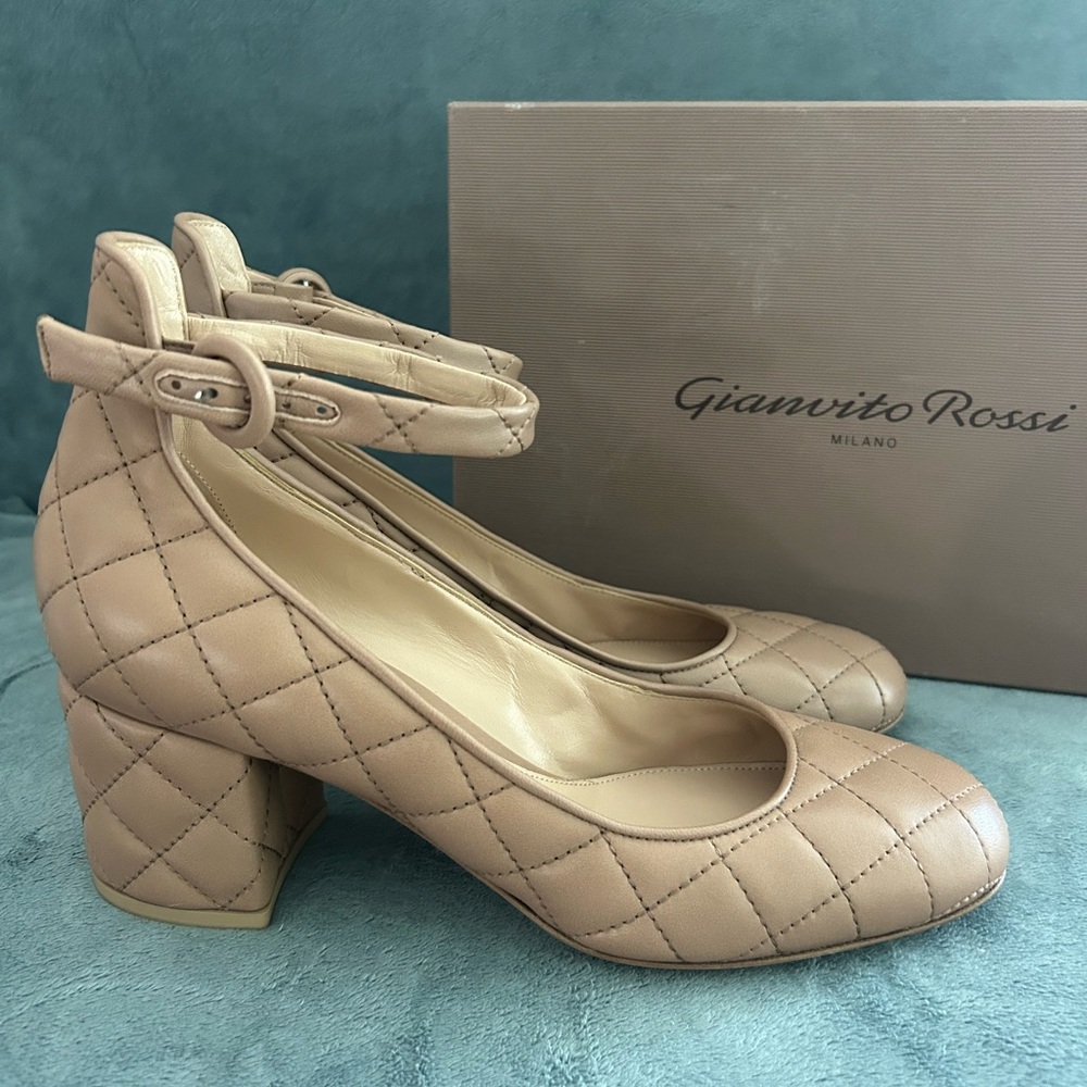 Gianvito Rossi Milano Tan Napa Leather, Quilted Ankle Strap
